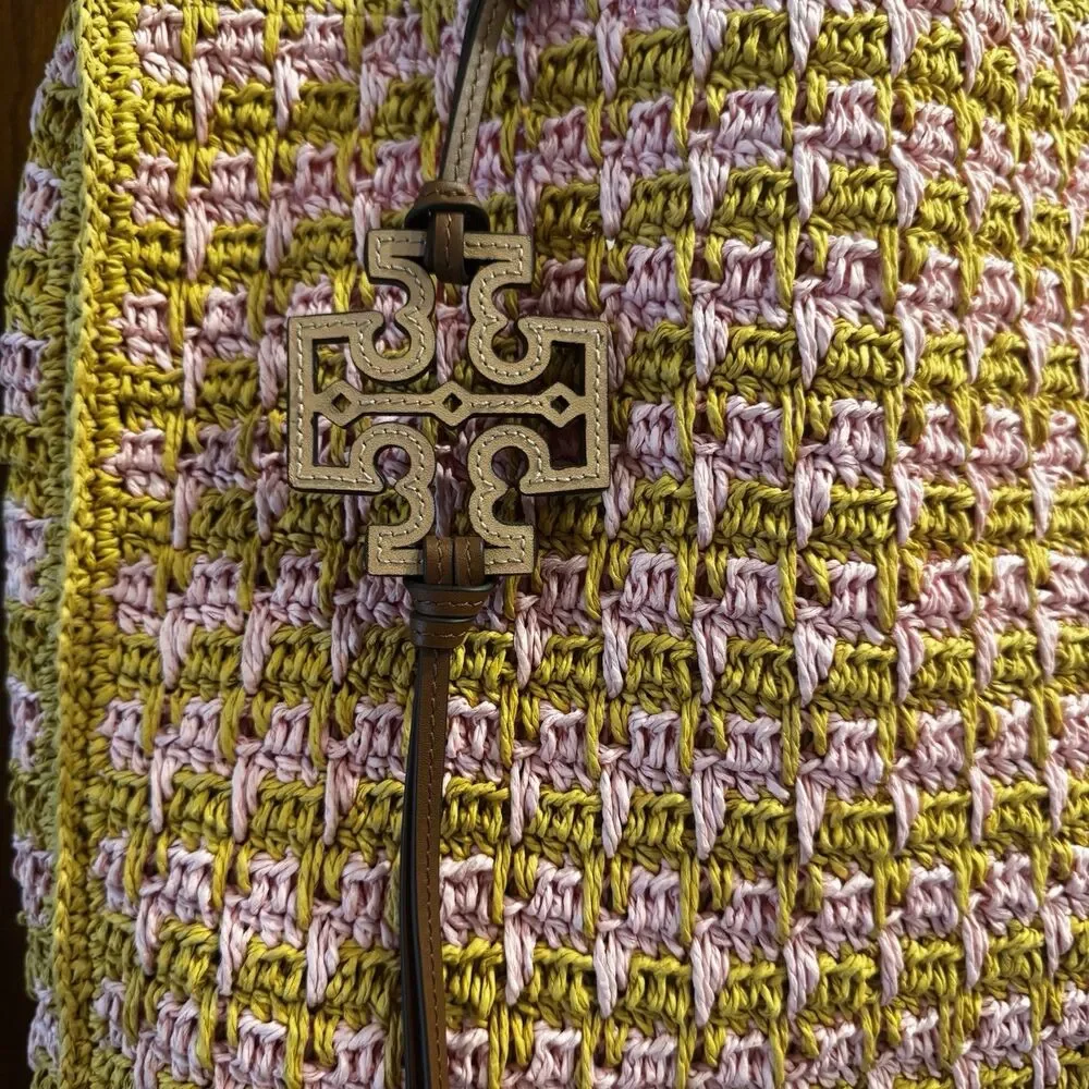Tory Burch 165844 Straw Tote Pink Carnation Turmeric Raffia Bag NWT